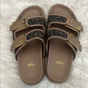 Fendi Brown Slide Sandals with Gold Buckles W/Box